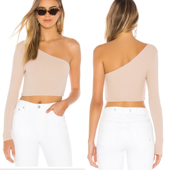 superdown Tops - Superdown Carol Ribbed Crop Top Beige One Long Sleeve Lined One Shoulder